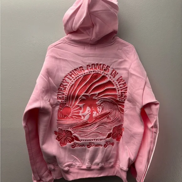 Pink Palm Puff Hoodie Everything Comes In Waves Women Pink Pull Over Hoodie - Picture 4 of 8